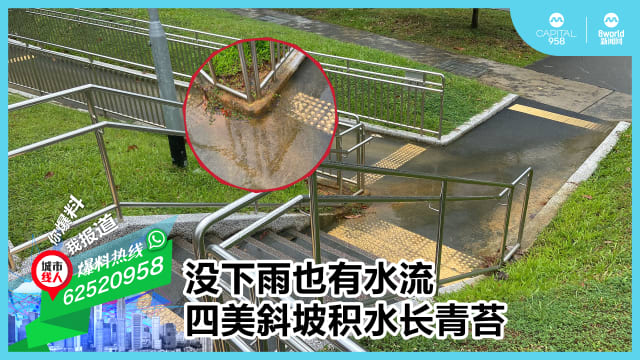 没下雨也有水流 四美斜坡积水长青苔