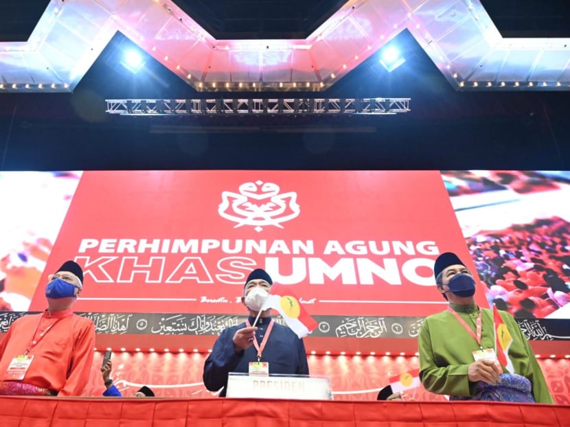 Prime Minister and Umno vice-president Ismail Sabri Yaakob (left), Umno president Ahmad Zahid Hamidi (centre) and Umno deputy president Mohamad Hassan at the party's special assembly on May 15, 2022. Prime Minister and Umno vice-president Ismail Sabri Yaakob (left), Umno president Ahmad Zahid Hamidi (centre) and Umno deputy president Mohamad Hassan at the party's special assembly on May 15, 2022.