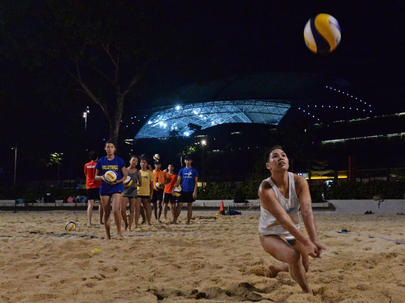 The Singapore beach volleyball team training at the beach volleyball court beside the Singapore Sports Hub. Photo: Robin Choo/TODAY