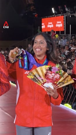 Sprint queen Shanti Pereira celebrates at post-race event in Nagoya
