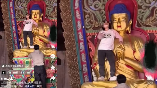 女子大闹山西景区 爬上佛像大喊：老子是活菩萨