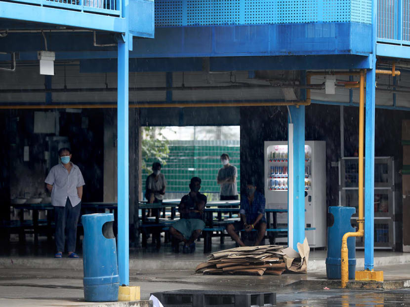 Foreign workers at a common area in S11 Dormitory@Punggol on April 21, 2020. The dormitory has Singapore's largest cluster of Covid-19 cases, with 2,234 confirmed cases as of April 23, 2020. Foreign workers at a common area in S11 Dormitory@Punggol on April 21, 2020. The dormitory has Singapore's largest cluster of Covid-19 cases, with 2,234 confirmed cases as of April 23, 2020.