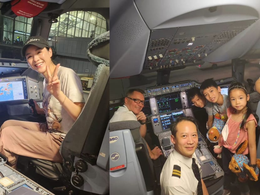 Aimee Chan and kids visiting the cockpit of the plane they were on shows being famous really has its perks