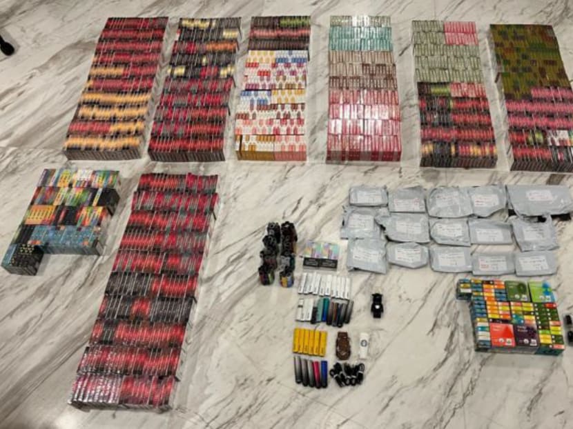 Assorted e-vaporisers and pods seized at one of the suspects’ homes.