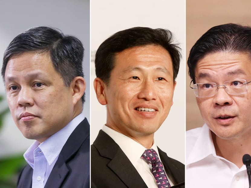 The Cabinet reshuffle effectively confirms Ministers Chan Chun Sing, Ong Ye Kung, and Lawrence Wong as the main contender to be the 4G prime minister. The Cabinet reshuffle effectively confirms Ministers Chan Chun Sing, Ong Ye Kung, and Lawrence Wong as the main contender to be the 4G prime minister.