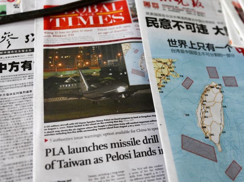 FILE PHOTO: A map showing locations where Chinese People's Liberation Army (PLA) will conduct military exercises and training activities including live-fire drills is seen on newspaper reports of US House of Representatives Speaker Nancy Pelosi's visit to Taiwan, at a newsstand in Beijing, China August 3, 2022. REUTERS/Tingshu Wang FILE PHOTO: A map showing locations where Chinese People's Liberation Army (PLA) will conduct military exercises and training activities including live-fire drills is seen on newspaper reports of US House of Representatives Speaker Nancy Pelosi's visit to Taiwan, at a newsstand in Beijing, China August 3, 2022. REUTERS/Tingshu Wang