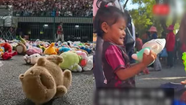 柬埔寨体育场现“玩偶雨” 球迷自携玩偶送战乱儿童