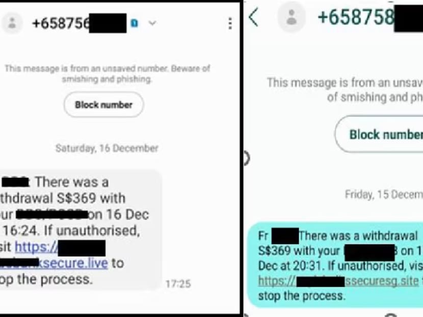 Screenshots of fake SMSes pretending to be banks received by the victims. 