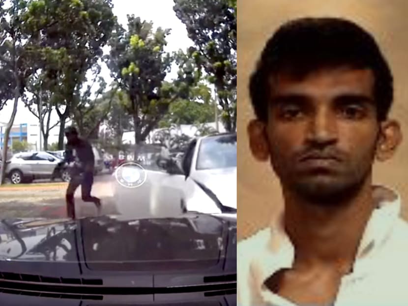 Video footage (pictured left) of a driver (pictured right) jumping out of a moving white BMW car as it hit a parked black car has been making the rounds on social media. Video footage (pictured left) of a driver (pictured right) jumping out of a moving white BMW car as it hit a parked black car has been making the rounds on social media.