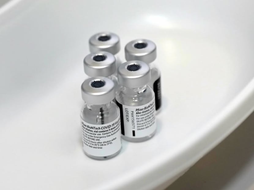 Empty vials of the Pfizer-BioNTech Covid-19 vaccine that were used at Tanjong Pagar Community Centre are seen on Jan 27, 2021. Empty vials of the Pfizer-BioNTech Covid-19 vaccine that were used at Tanjong Pagar Community Centre are seen on Jan 27, 2021.