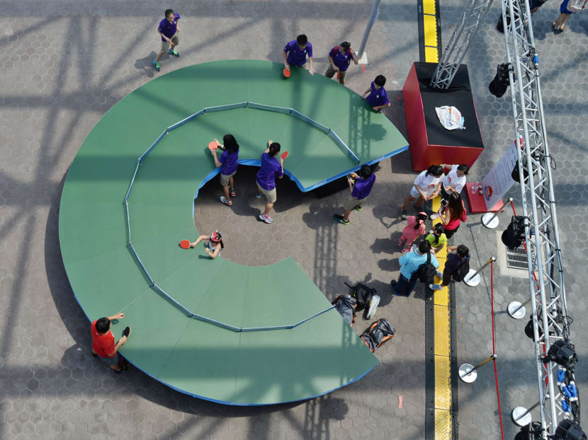The horseshoe-shaped table at the Sports Hub that resembles artist Lee Wen’s Ping-Pong Go Round. Photo: Robin Choo The horseshoe-shaped table at the Sports Hub that resembles artist Lee Wen’s Ping-Pong Go Round. Photo: Robin Choo