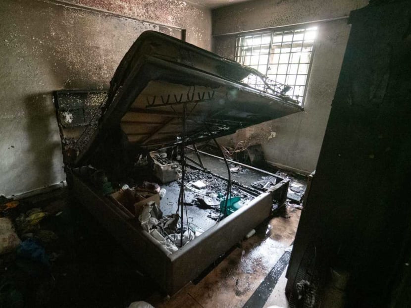 The bedroom where a fire broke out at a unit in Block 218 Marsiling Crescent. Two toddlers were asleep in the bedroom at the time. The bedroom where a fire broke out at a unit in Block 218 Marsiling Crescent. Two toddlers were asleep in the bedroom at the time.