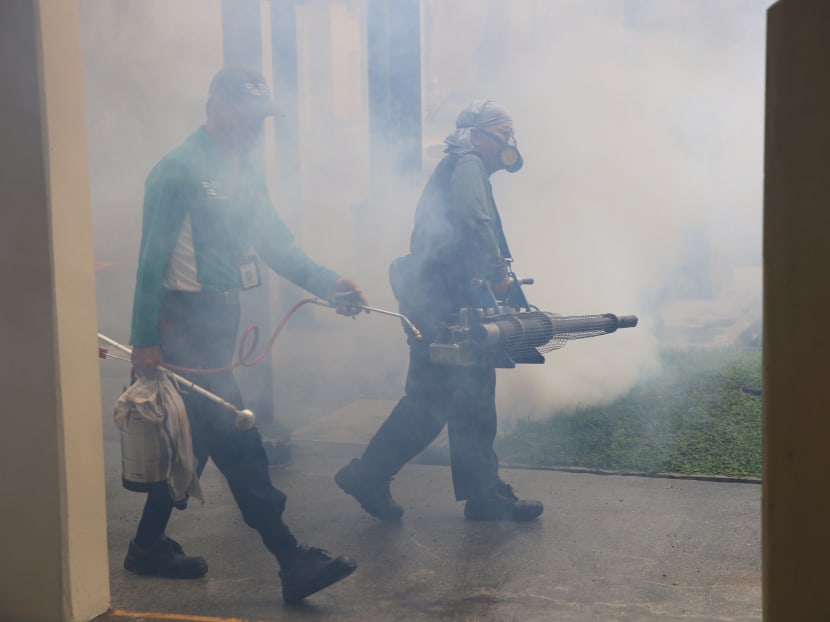 NEA staff seen spraying anti-mosquito oil/chemicals and Clean Solution staff fogging around Bishan street 12 on Sept 7. Photo: Koh Mui Fong/TODAY