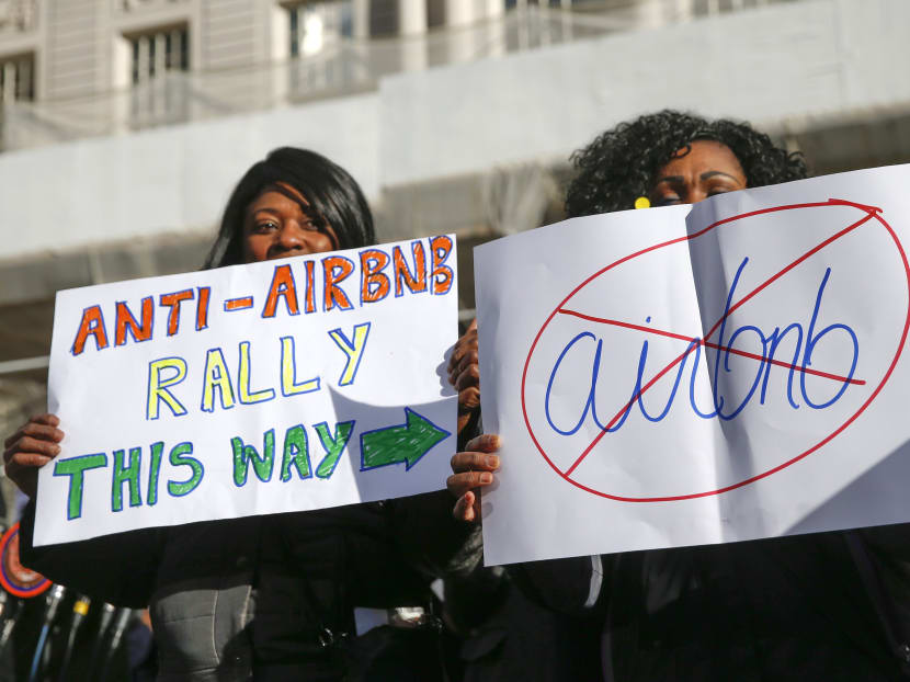 An Anti-Airbnb rally in New York on Jan 20. New York is also seeking views on short-term stays. A hearing yesterday was held at City Hall entitled "Short Term Rentals: Stimulating the Economy or Destabilizing Neighborhoods?" Photo: Reuters