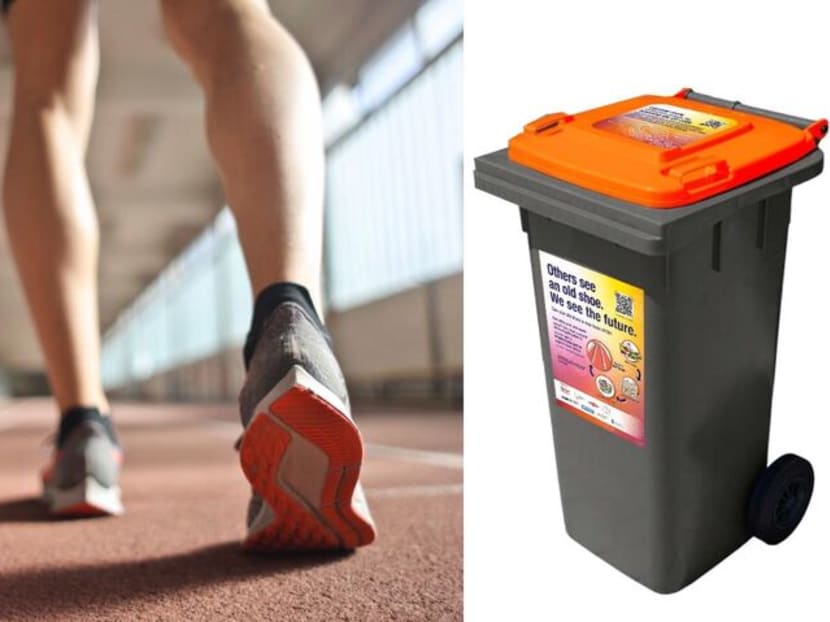 One of the bins (right) used to collect old sports shoes that are meant to be recycled into jogging tracks and other facilities under a programme by Sport Singapore and partners. One of the bins (right) used to collect old sports shoes that are meant to be recycled into jogging tracks and other facilities under a programme by Sport Singapore and partners.