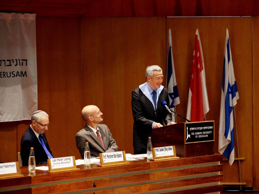 Prime Minister Lee Hsien Loong speaking at Hebrew University where he received an honorary doctorate. He said that Singapore ‘admired’ Israel, which shares similar traits with the Republic. PHOTO: MCI Prime Minister Lee Hsien Loong speaking at Hebrew University where he received an honorary doctorate. He said that Singapore ‘admired’ Israel, which shares similar traits with the Republic. PHOTO: MCI