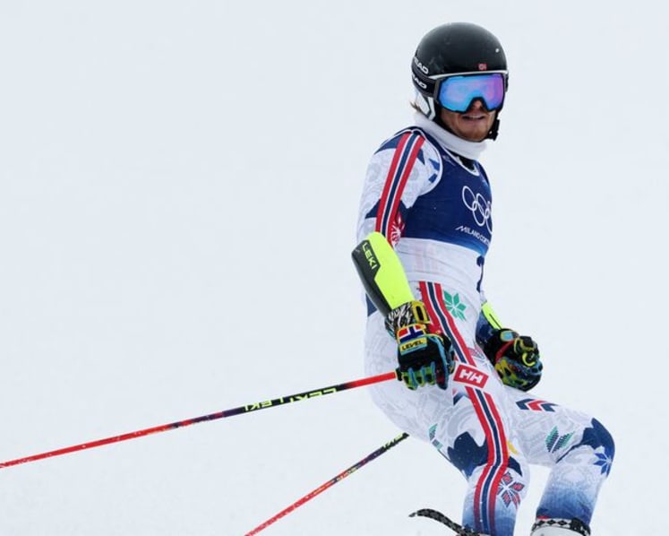 Alpine skiing-Norway's McGrath leads crash-strewn men's slalom, Pinheiro Braathen exits