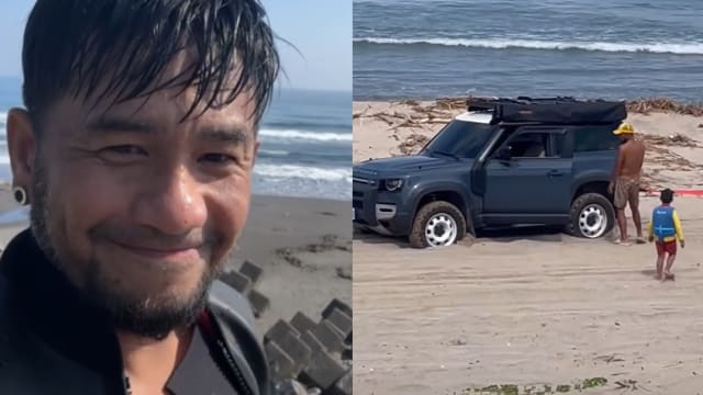 张震岳海边帮人拖车　5岁儿子穿救生衣指挥现场