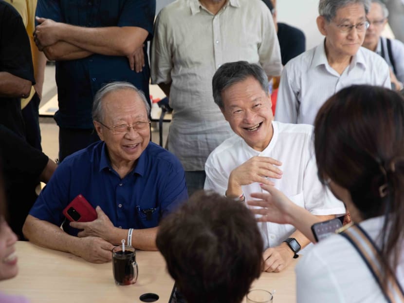 Presidential candidate Tan Kin Lian (right) and Dr Tan Cheng Bock (left) at People’s Park Food Centre on Aug 27, 2023. Presidential candidate Tan Kin Lian (right) and Dr Tan Cheng Bock (left) at People’s Park Food Centre on Aug 27, 2023.
