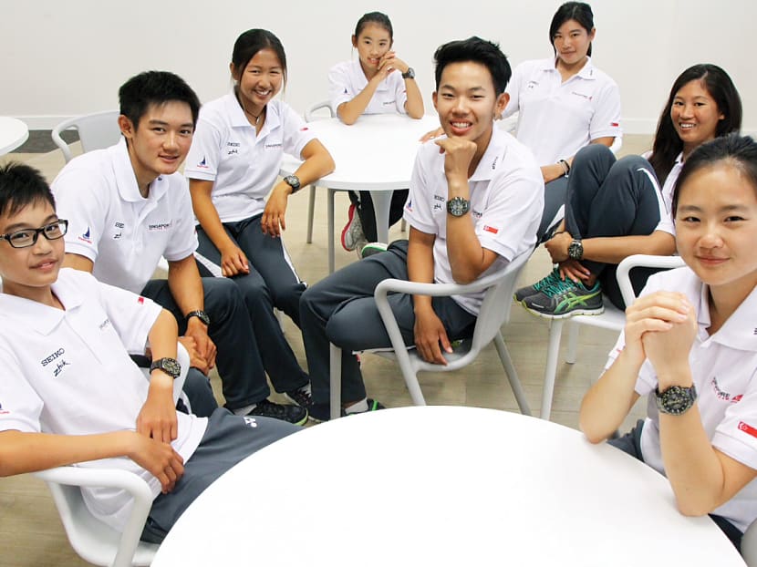 (From left) Raynn Kwok, 12; Jonathan Yeo, 18; Kimberly Lim, 18; Jodie Lai, 13;  Loh Jia Yi, 16; Elizabeth Yin, 23; Priscilla Low, 25; and Savannah Siew, 18, are part of the sailing team bound for Incheon. Photo: Don Wong