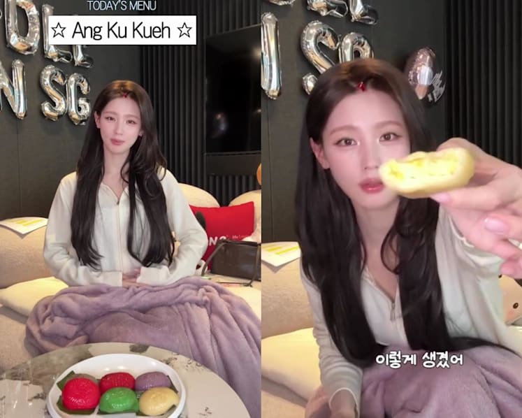 Miyeon of K-pop girl group I-dle reviews Singapore ang ku kueh in new video