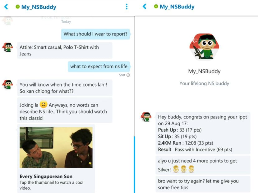The My NS Buddy chatbot, tentatively planned to undergo trials from November among recruits, will answer questions from national servicemen on matters like enlistment and deferment. Photo: Defence Science and Technology Agency