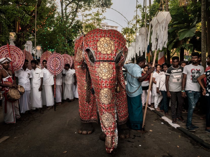 A ceremonial elephant leading a parade at Gangaramaya Temple in Colombo.