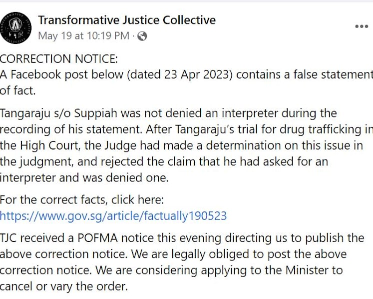 Authorities reject activist group's Pofma appeal over Facebook post on drug trafficker's death sentence