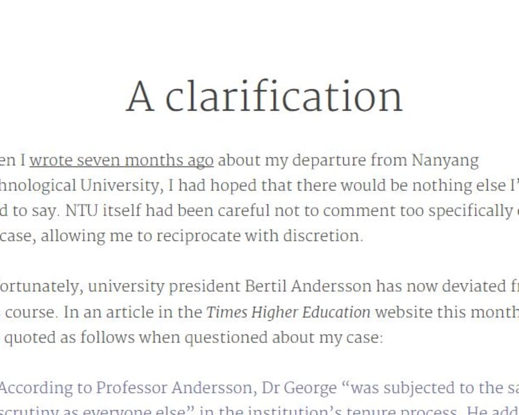 Former NTU prof hits out at comments by university president on denial of tenure