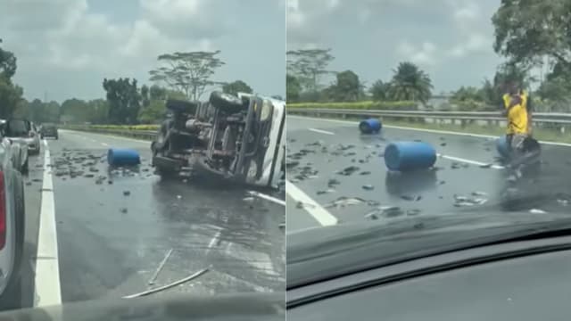 载活鱼罗厘第二通道翻覆 大量鱼只散落道路