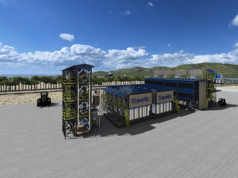 A rendering of an ocean-based carbon dioxide removal plant. A rendering of an ocean-based carbon dioxide removal plant.