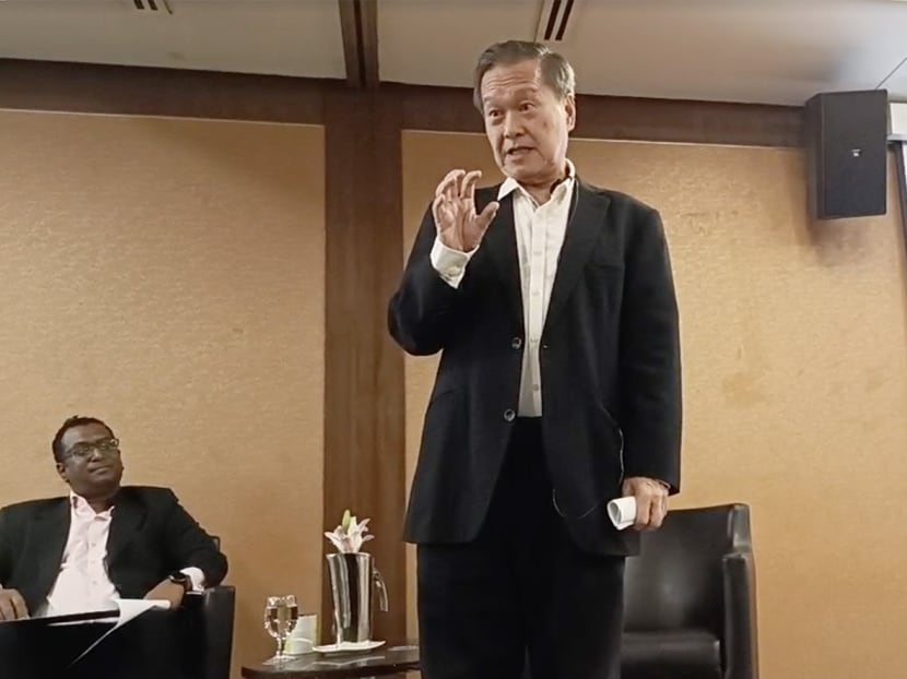 Presidential hopeful Tan Kin Lian speaking at a members-only event organised by the National University of Singapore Society on Aug 26.