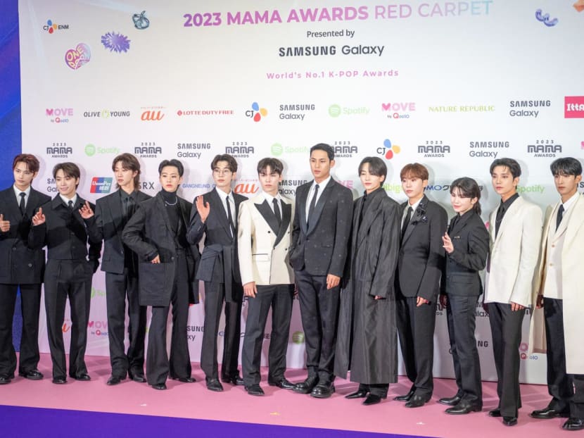 South Korean boy band Seventeen attend a red carpet event at the 2023 Mama Awards at the Tokyo Dome in Tokyo on Nov 29, 2023. South Korean boy band Seventeen attend a red carpet event at the 2023 Mama Awards at the Tokyo Dome in Tokyo on Nov 29, 2023.