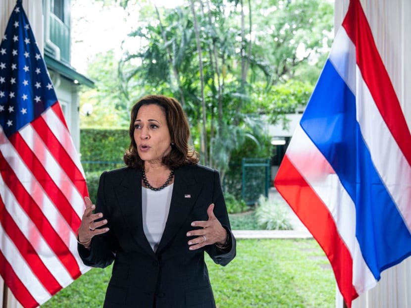 United States Vice President Kamala Harris gaggles with members of the press from the US and Thailand after holding a roundtable with Civil Society on Climate and Clean Energy at Chief of Mission Residence in Bangkok on Nov 20, 2022.
United States Vice President Kamala Harris gaggles with members of the press from the US and Thailand after holding a roundtable with Civil Society on Climate and Clean Energy at Chief of Mission Residence in Bangkok on Nov 20, 2022.