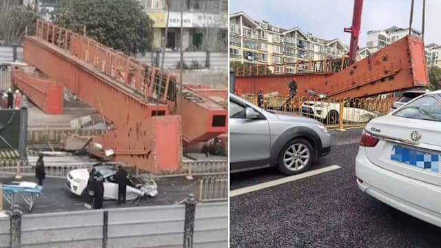 中国龙门吊起重机倾覆 压扁轿车酿一死一伤