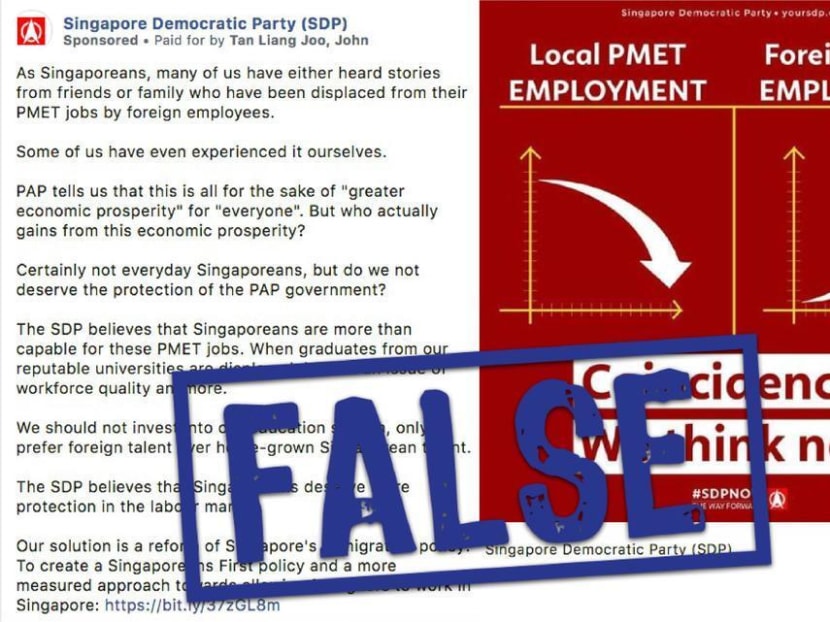 An infographic and article on jobs and the employment of professionals, managers, executives and technicians in Singapore that was published by the Singapore Democratic Party in 2019.