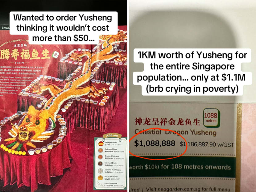 A series of photos featuring Neo Garden Catering's Chinese New Year menu for 2024, which includes a dragon yusheng platter that measures up to 1,088m.