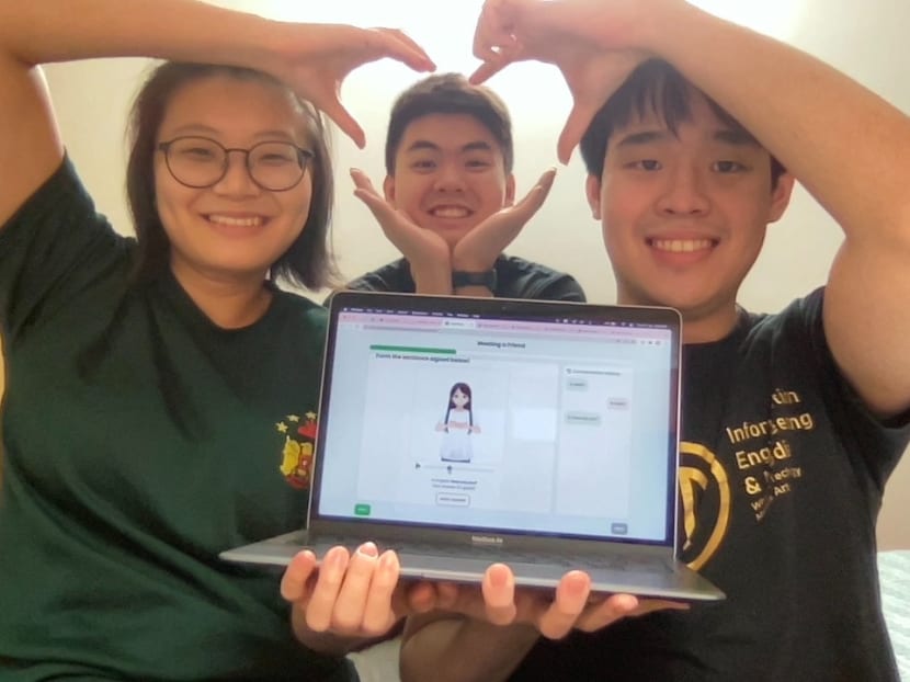 (From left) Anastasia Patricks, Richardson Qiu and Steven Rachman, with their working prototype for Sign2Sign, an app that makes learning sign language easier.