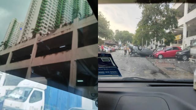 马国轿车疑失控撞破墙 从四楼停车场坠下