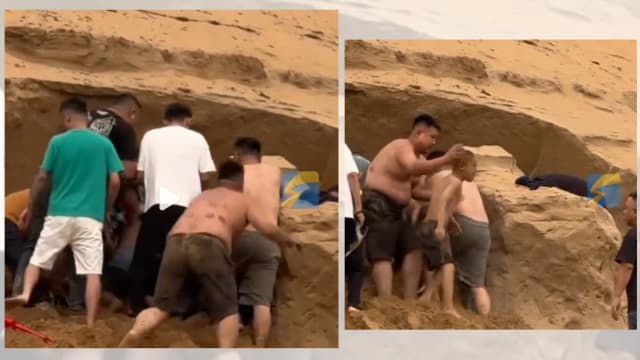 小孩在内蒙古玩沙遭活埋 逾十男子徒手挖沙救人 