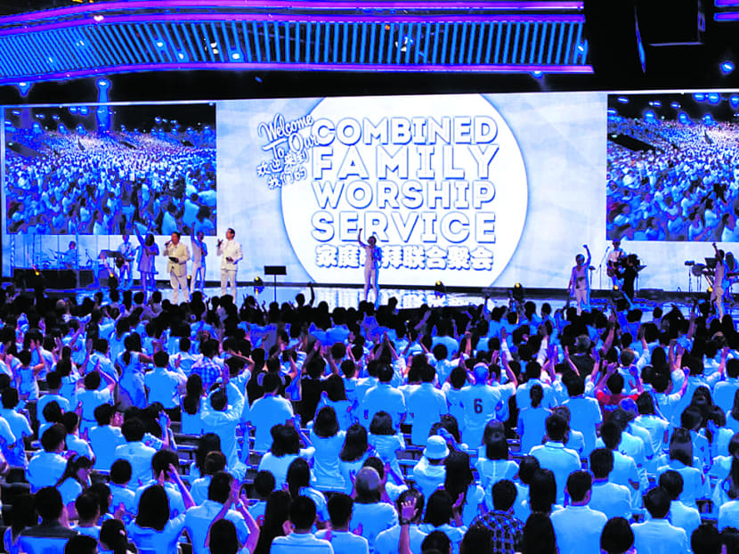 Thousands of worshippers wore white yesterday at a Faith Community Baptist Church service. Photo: Alvin Chong