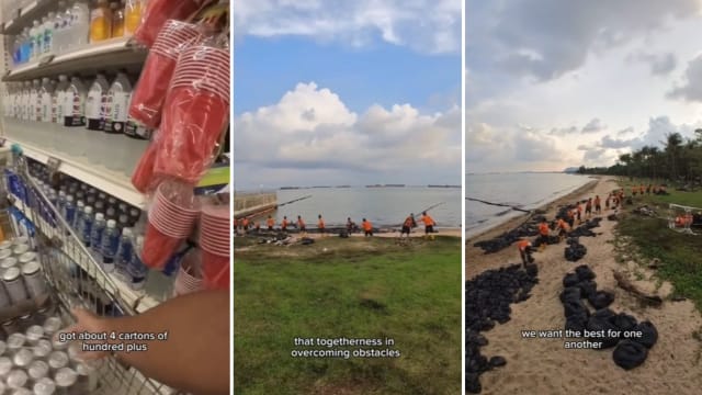 体恤工作人员清理沙滩油渍  男子送饮料慰劳他们