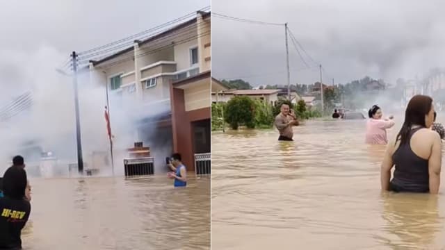 洪水浇不熄兴致 砂拉越灾民水中放鞭炮