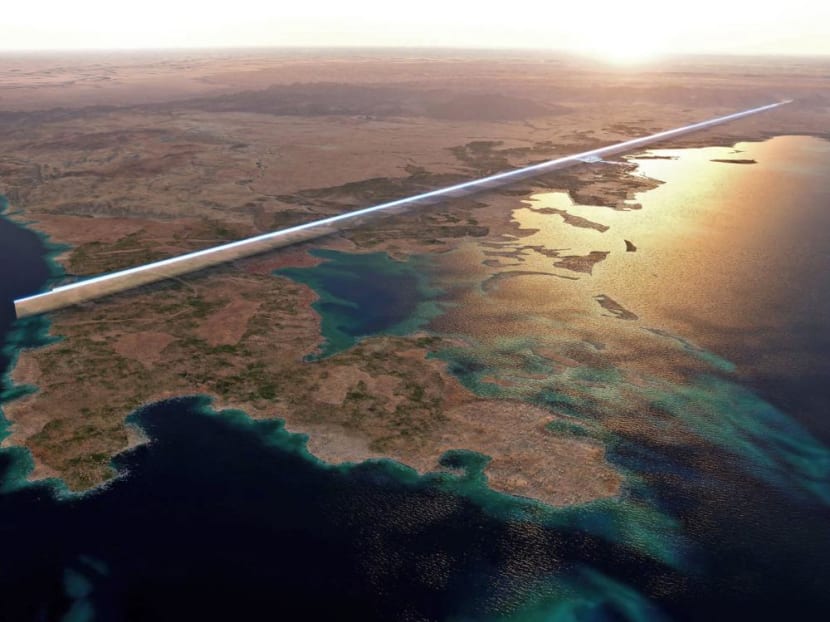 A handout picture showing the design plan for the 170km-long, 500m-tall parallel structures of an "eco-city" known collectively as The Line, in the heart of the Red Sea megacity Neom.
A handout picture showing the design plan for the 170km-long, 500m-tall parallel structures of an "eco-city" known collectively as The Line, in the heart of the Red Sea megacity Neom.