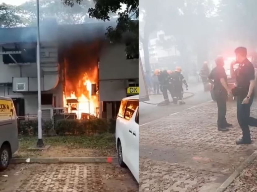 In a video posted on Facebook by Ms Camila Tan, thick plumes of smoke can be seen emitted from the raging fire taking place at the back of the two-storey block. In a video posted on Facebook by Ms Camila Tan, thick plumes of smoke can be seen emitted from the raging fire taking place at the back of the two-storey block.