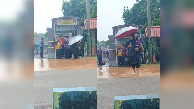 雨天积水难行 马国保安撑伞抱起学生过马路获赞