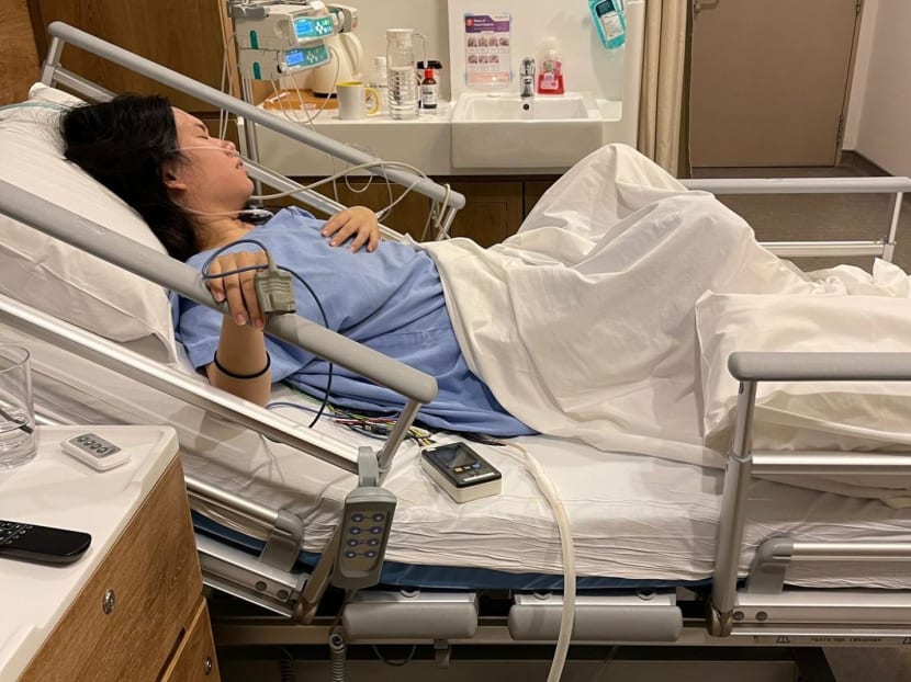 Ms Lee Pei Hsia in hospital receiving treatment to drain excess fluid from her lungs due to myocarditis. Ms Lee Pei Hsia in hospital receiving treatment to drain excess fluid from her lungs due to myocarditis.