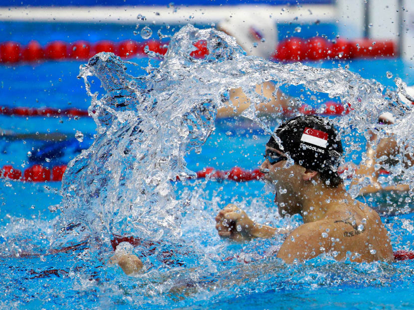 Joseph Schooling celebrates winning gold in the Men's 100m Butterfly Final on Day 7 of the Rio 2016 Olympic Games at the Olympic Aquatics Stadium on Aug 12, 2016. Photo: Getty Images