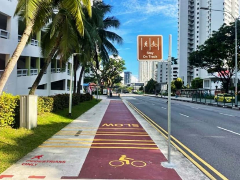 A mock-up of the "pedestrians-only" logo and the cyclist logo along a pedestrian-only path and a dedicated cycling path respectively.