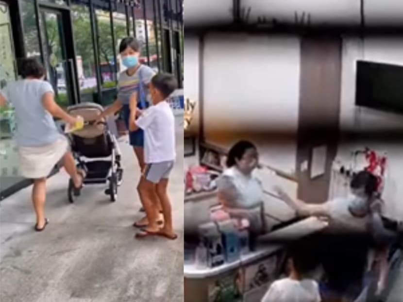 Screenshots of a video showing an Everhealth clinic staff member kicking a pram outside the clinic (left), and of a woman arguing with the staff member at the clinic's reception area (right). Screenshots of a video showing an Everhealth clinic staff member kicking a pram outside the clinic (left), and of a woman arguing with the staff member at the clinic's reception area (right).